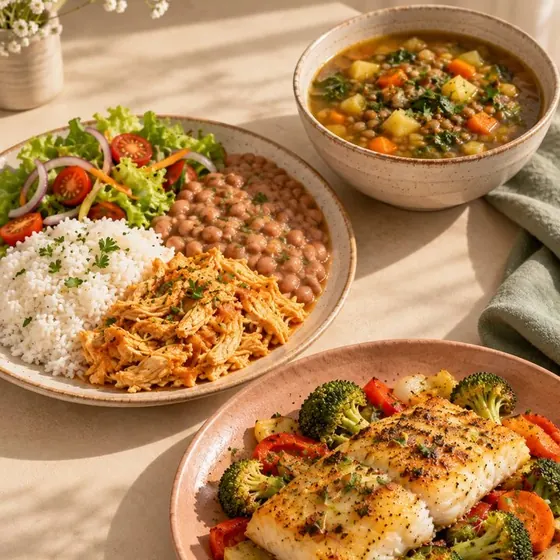 Arroz, feijão, frango desfiado e salada, sopa de lentilha e peixe assado com legumes