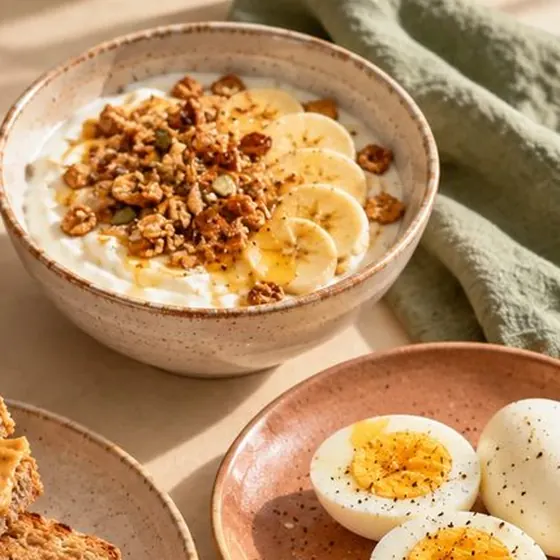 Iogurte com granola e banana e ovos cozidos