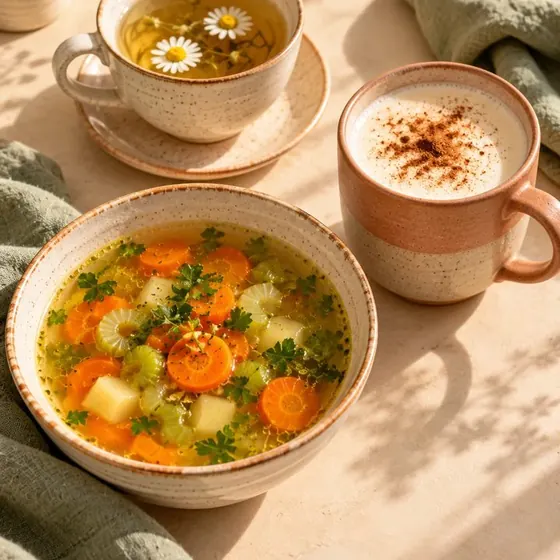 Caldo de legumes, chá de camomila e leite morno com canela