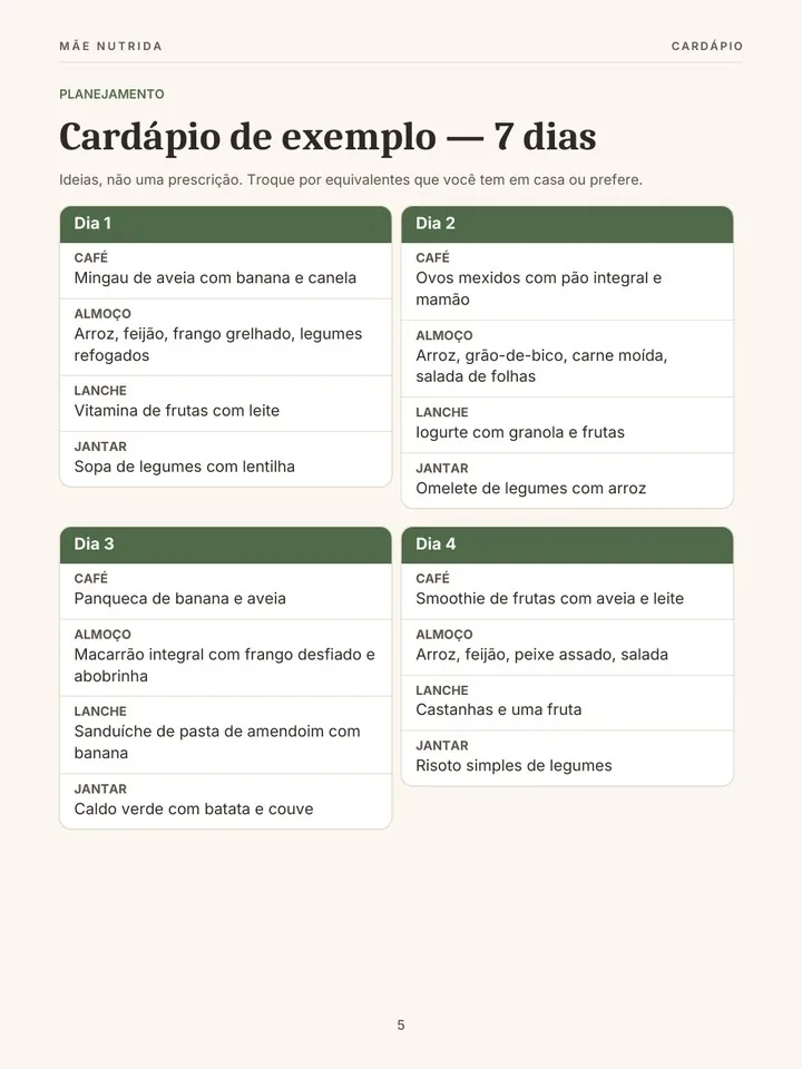 Página do cardápio de exemplo de 7 dias