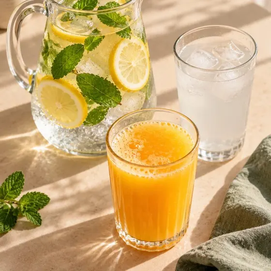 Jarra de água com limão e hortelã, copo de água e suco natural